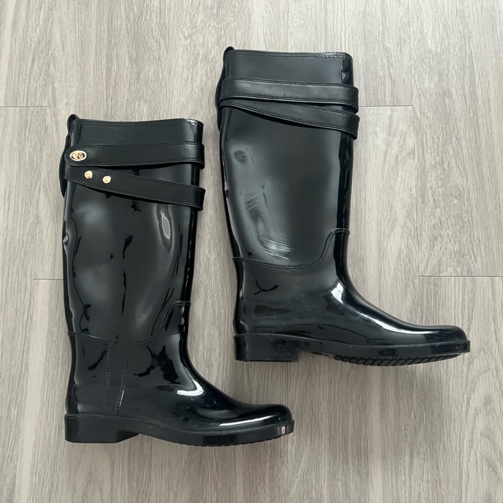 Coach Talia Tall Rain Boots Women’s Size 10 Glossy Black Rubber Gold Buckle